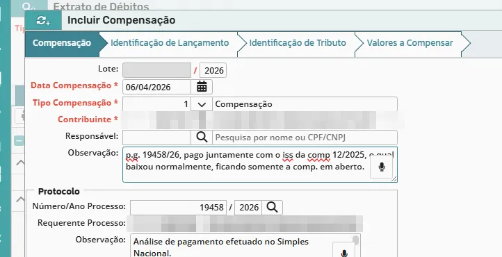 Aba Compensação com data, tipo, contribuinte, observação e protocolo do pedido; dados do contribuinte anonimizados