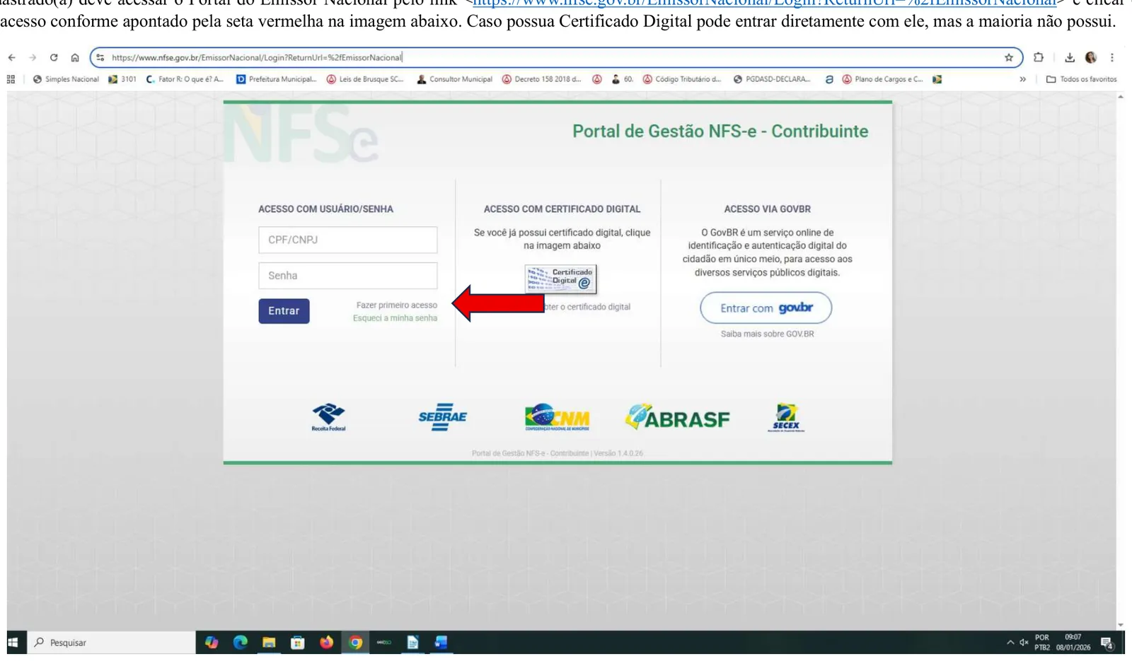 Tela de login do Portal de Gestão NFS-e Contribuinte com o link Fazer primeiro acesso indicado