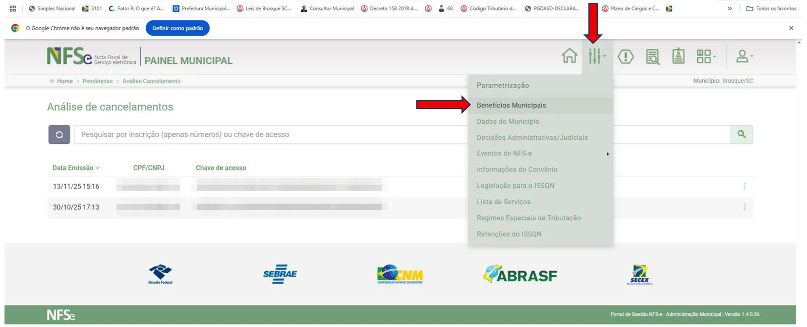 Painel Municipal com o menu Parametrização aberto e Benefícios Municipais indicado