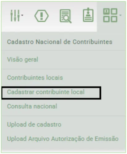 Menu Cadastro Nacional de Contribuintes com a opção Cadastrar contribuinte local destacada