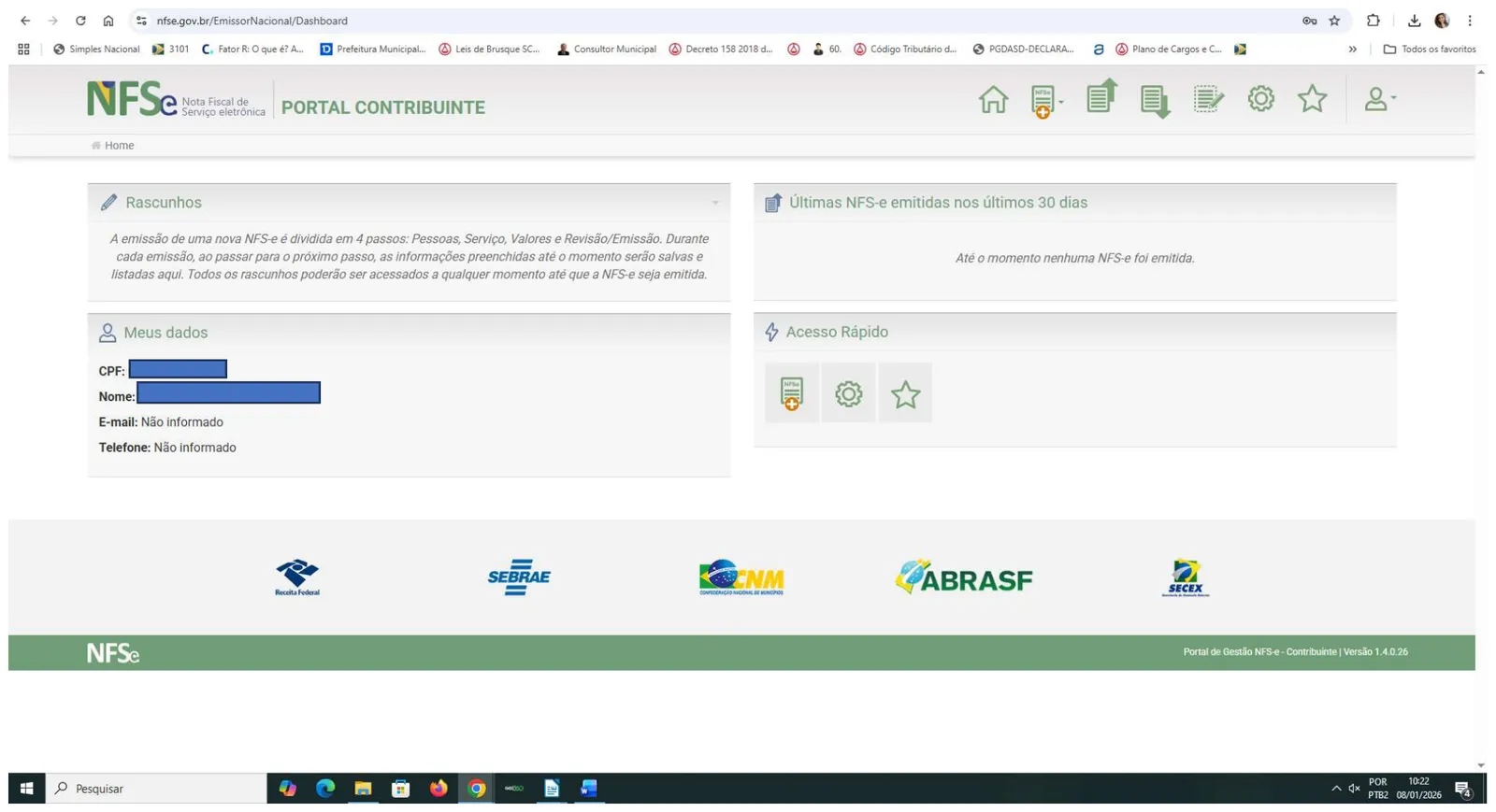 Tela inicial do Portal Contribuinte com rascunhos, meus dados e últimas NFS-e
