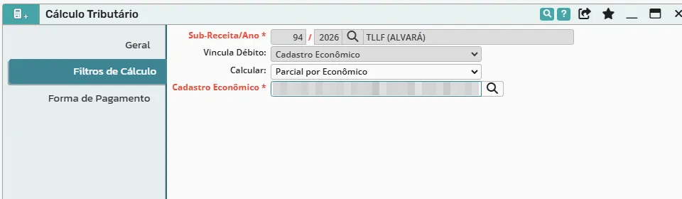 Aba Filtros de Cálculo com vínculo cadastro econômico, cálculo parcial por econômico e o campo com a lista de cadastros; lista anonimizada
