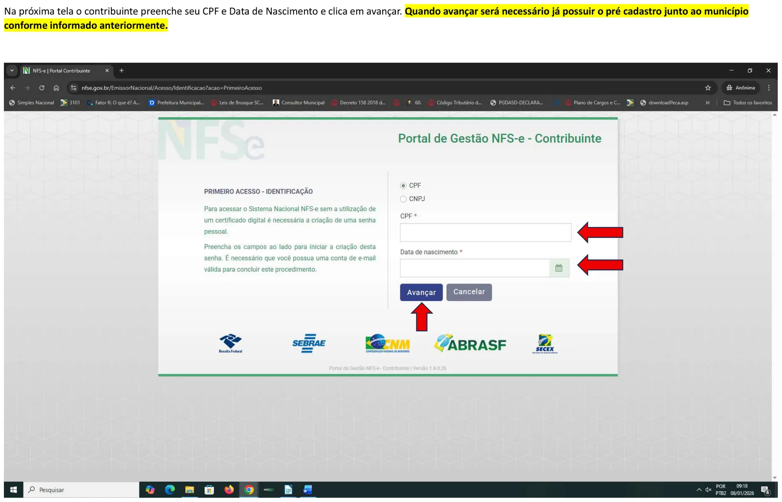 Tela de identificação do primeiro acesso com campos CPF e data de nascimento