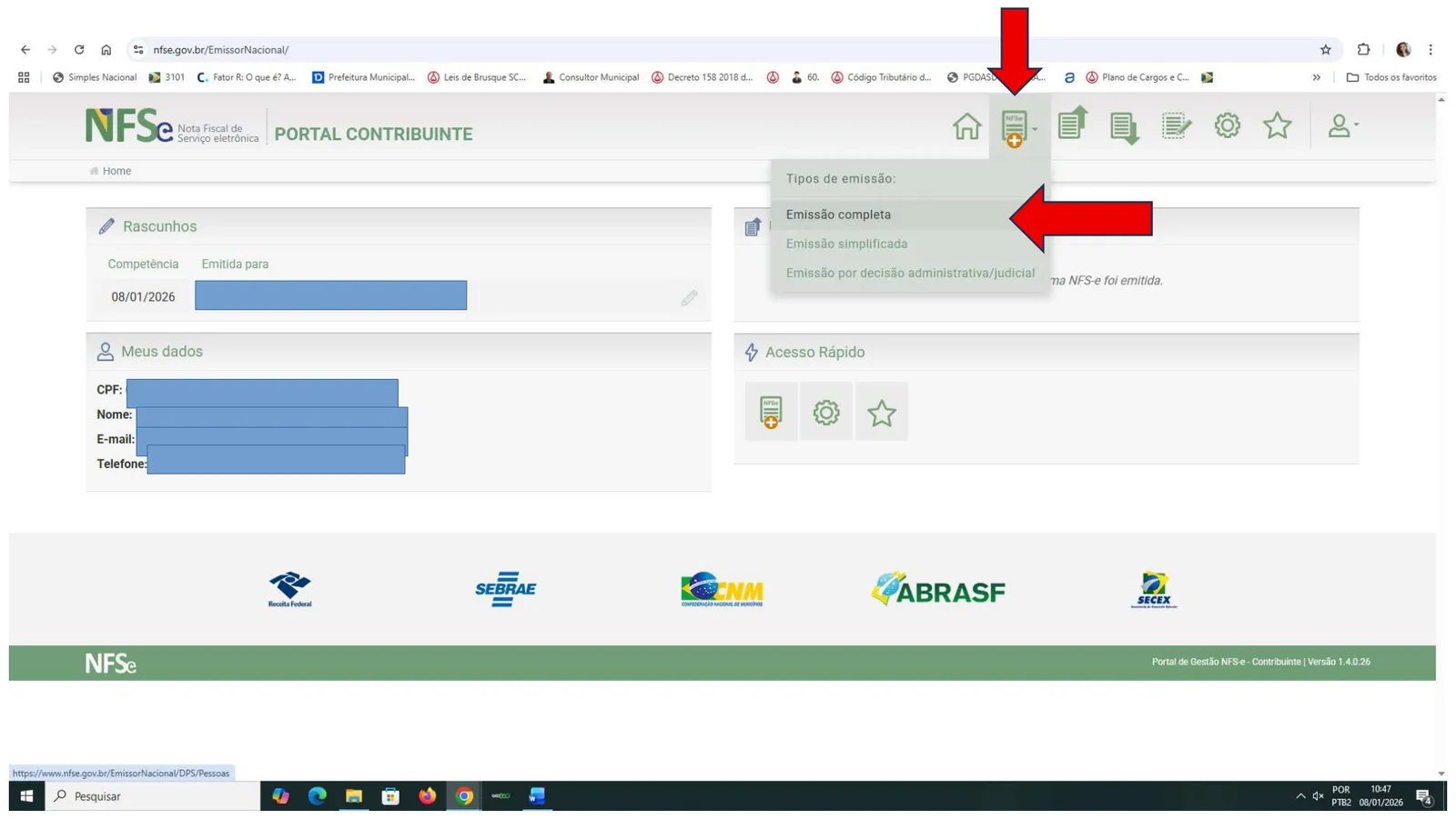 Menu de tipos de emissão com a opção Emissão completa indicada