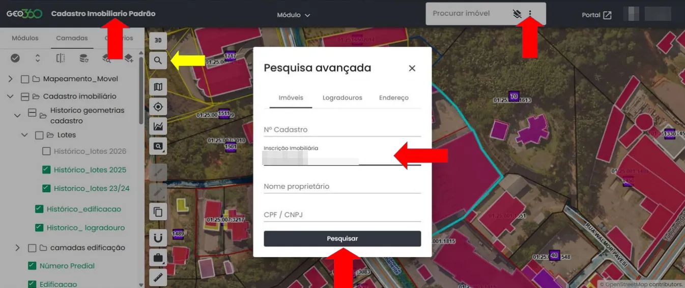 Geo360 com a pesquisa avançada aberta e o campo de inscrição imobiliária