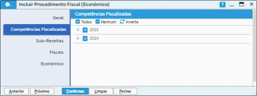 Aba Competências Fiscalizadas com os anos 2023 e 2024 marcados