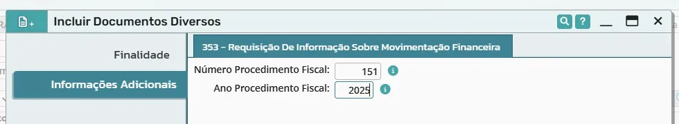 Aba de informações adicionais da RMF com número e ano do procedimento fiscal