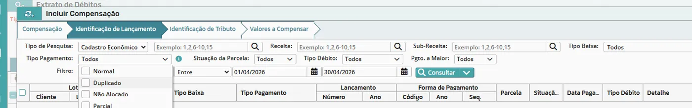 Filtros da identificação de lançamento com a lista de tipos de pagamento: normal, duplicado, não alocado, parcial e por depósito
