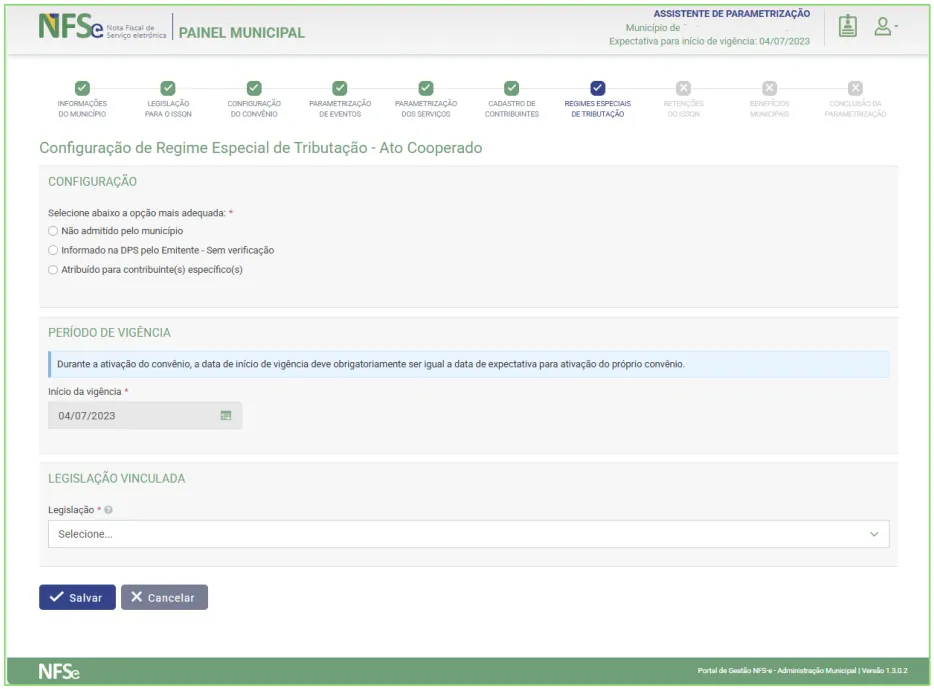 Tela de configuração de regime especial com as opções de configuração, período de vigência e legislação vinculada