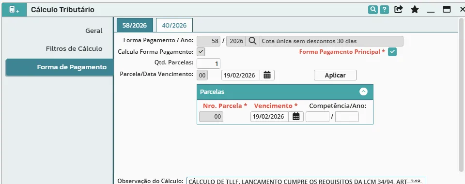 Aba Forma de Pagamento com cota única, vencimento e observação do cálculo