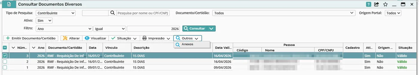 Consultar Documentos Diversos com as RMF emitidas e o menu Outros, opção Anexos; bancos anonimizados