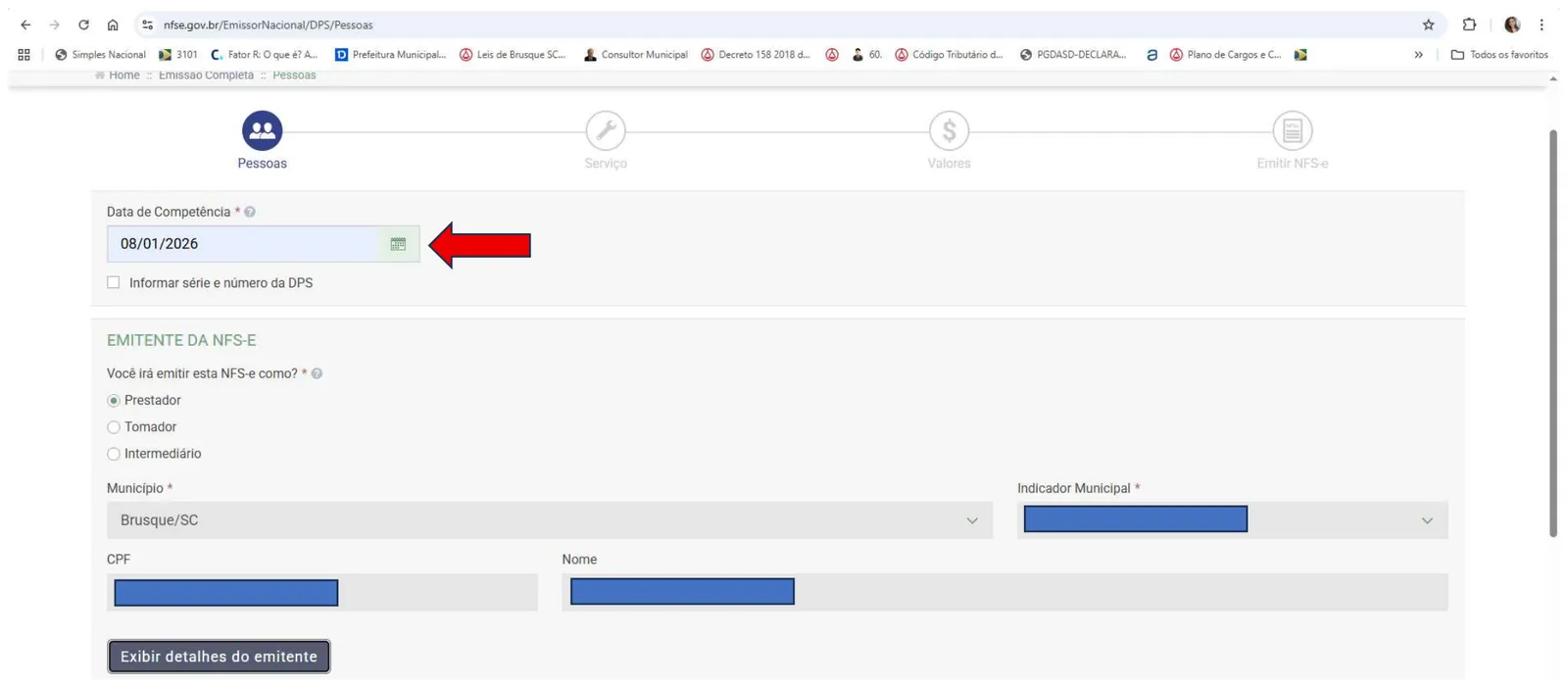 Etapa Pessoas com o campo Data de competência indicado