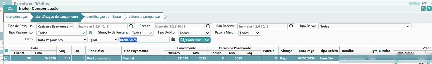 Pagamento localizado por data, marcado na grade com lote, lançamento, parcela e situação Pago