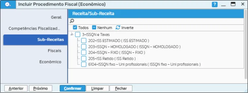 Aba Sub-Receitas com ISS estimado, homologado, fixo, retido e fixo uniprofissional