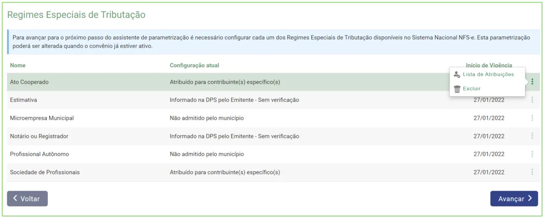 Menu dos três pontos na linha do regime com as opções Lista de Atribuições e Excluir