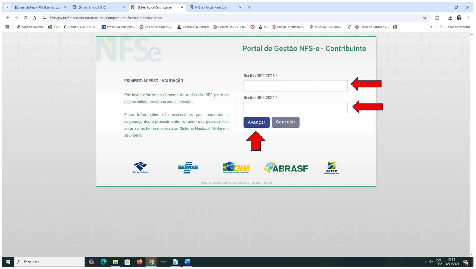 Tela de validação pedindo os recibos do IRPF 2025 e 2024