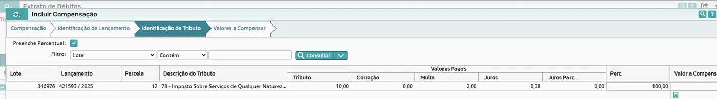 Identificação de tributo com os valores pagos de ISSQN, multa e juros e a opção Preenche Percentual