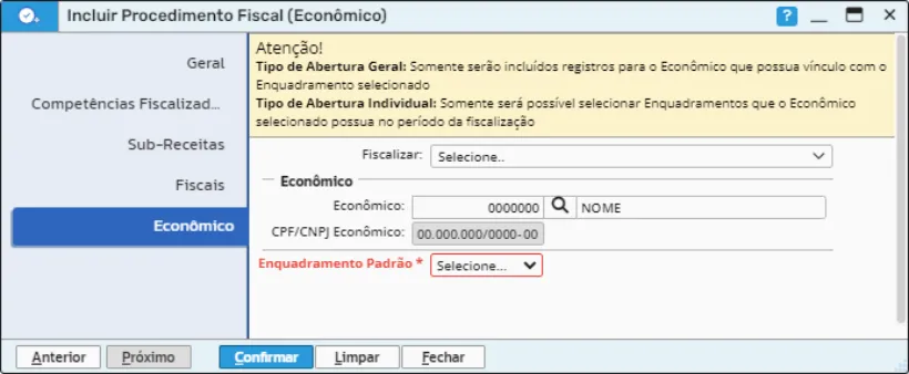 Aba Econômico com os campos Econômico, CPF/CNPJ e Enquadramento Padrão