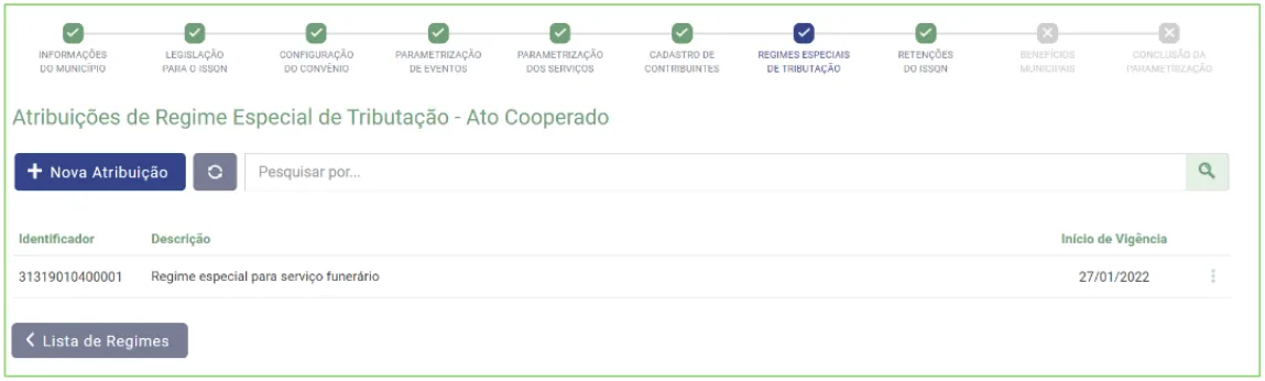 Atribuições de um regime especial com identificador, descrição e início de vigência