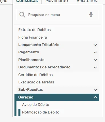 Menu Consultas do módulo Arrecadação com Geração, opção Notificação de Débito