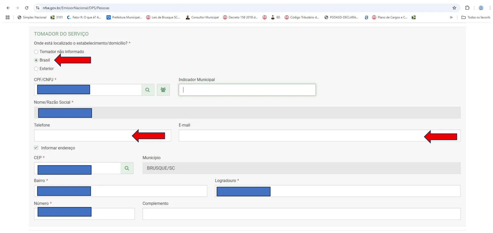 Bloco Tomador do serviço com a opção Brasil e os campos de telefone e e-mail indicados