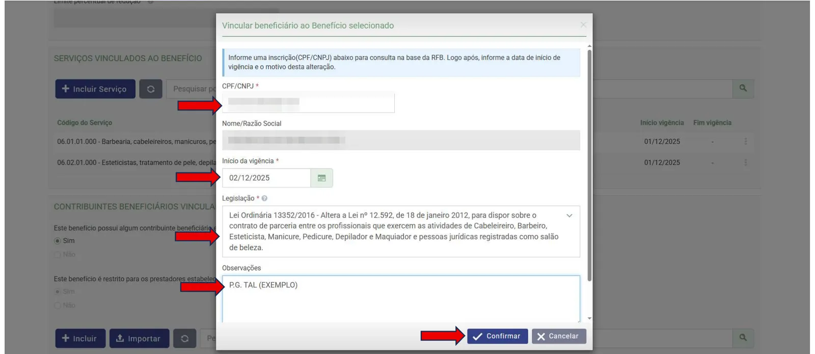 Quadro Vincular beneficiário com CNPJ, início da vigência, legislação e observações; dados do contribuinte anonimizados