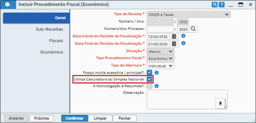Aba Geral da inclusão do procedimento com a opção Utiliza Calculadora do Simples Nacional marcada