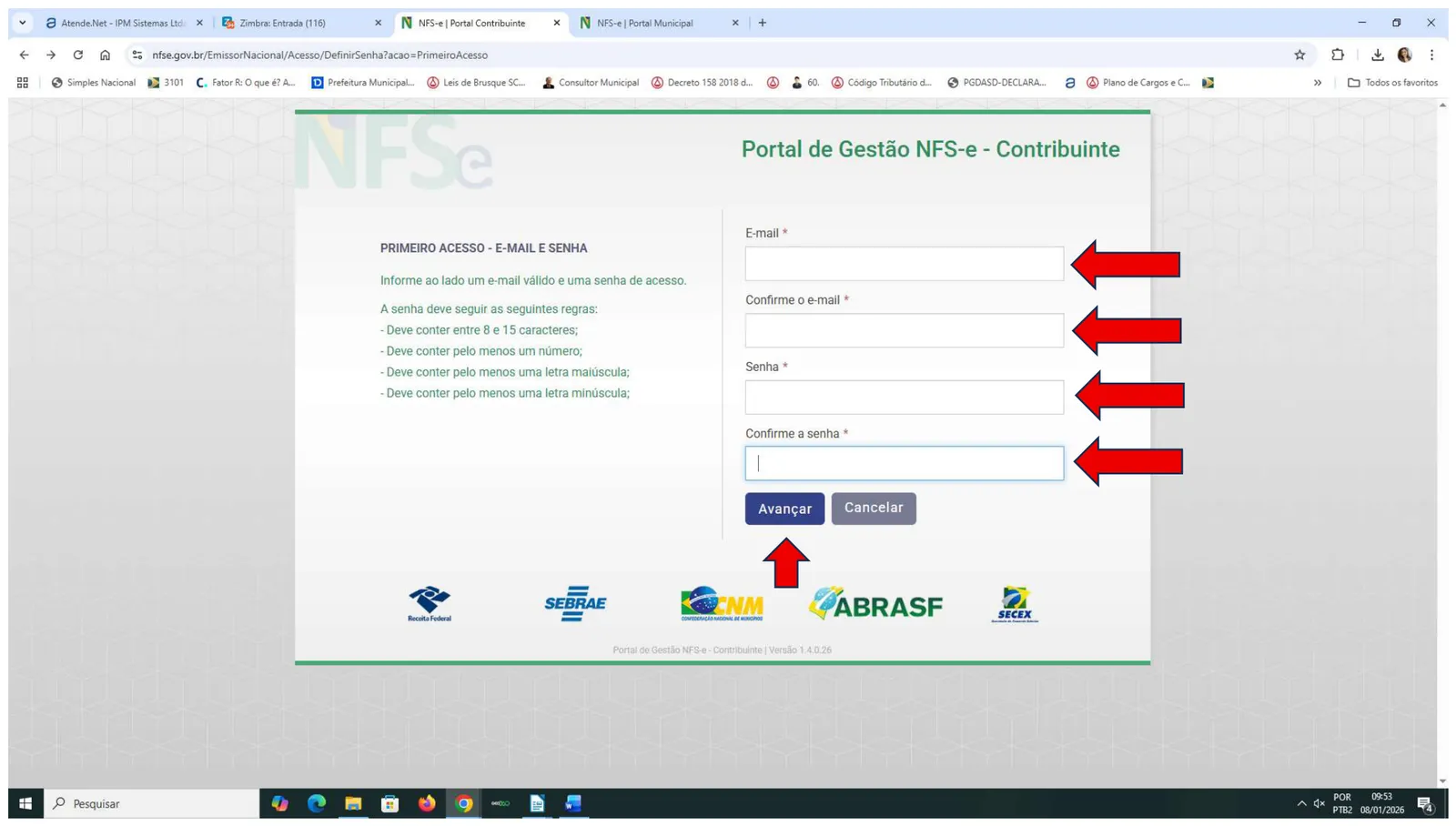 Tela de e-mail e senha do primeiro acesso com as regras da senha