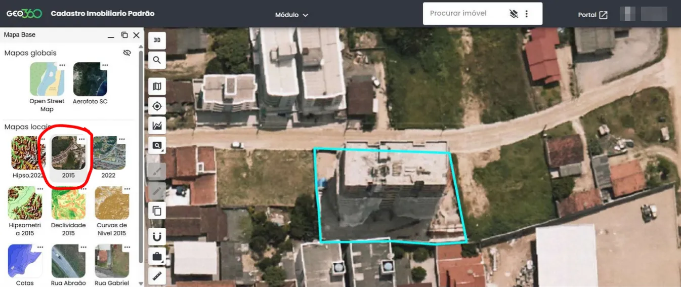 Imóvel na ortofoto de 2015, com a construção já levantada