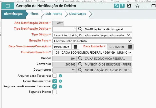 Geração de notificação de débito, aba Identificação, com tipo 3 e a opção Gerar Documentos marcada