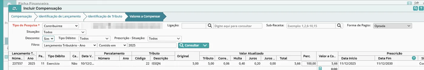 Aba Valores a Compensar com o débito de ISSQN em aberto, valor atualizado, percentual e valor a compensar