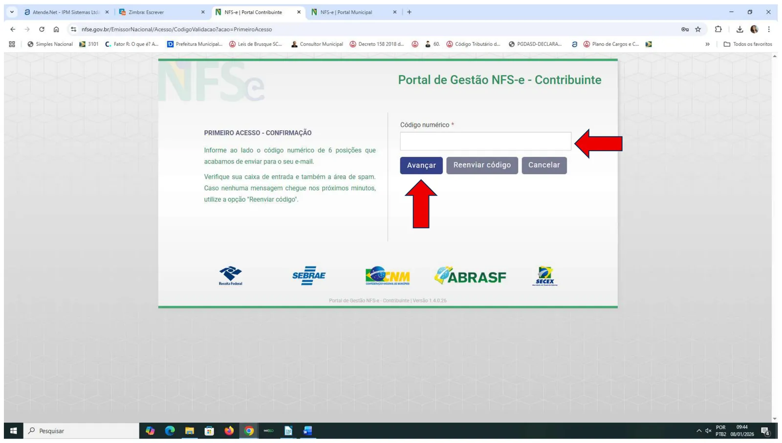 Tela de confirmação pedindo o código numérico enviado por e-mail