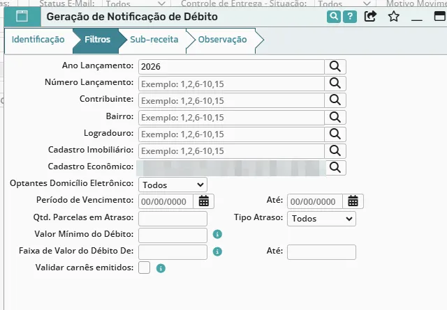 Aba Filtros com ano do lançamento, lista de cadastros econômicos e período de vencimento zerado; lista anonimizada