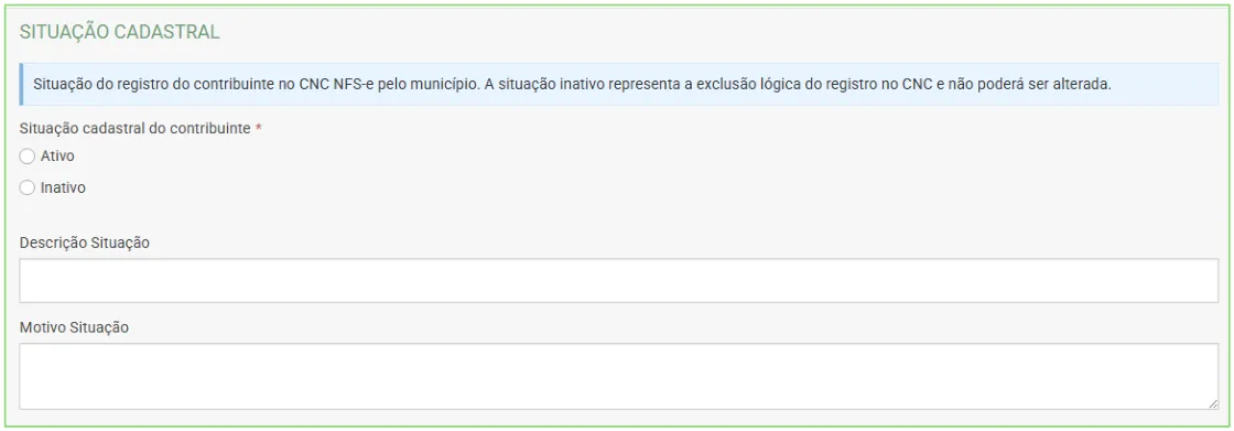 Situação cadastral do contribuinte no CNC com as opções Ativo e Inativo