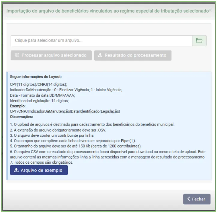 Janela de importação do arquivo de beneficiários do regime especial, com o leiaute e o botão Arquivo de exemplo