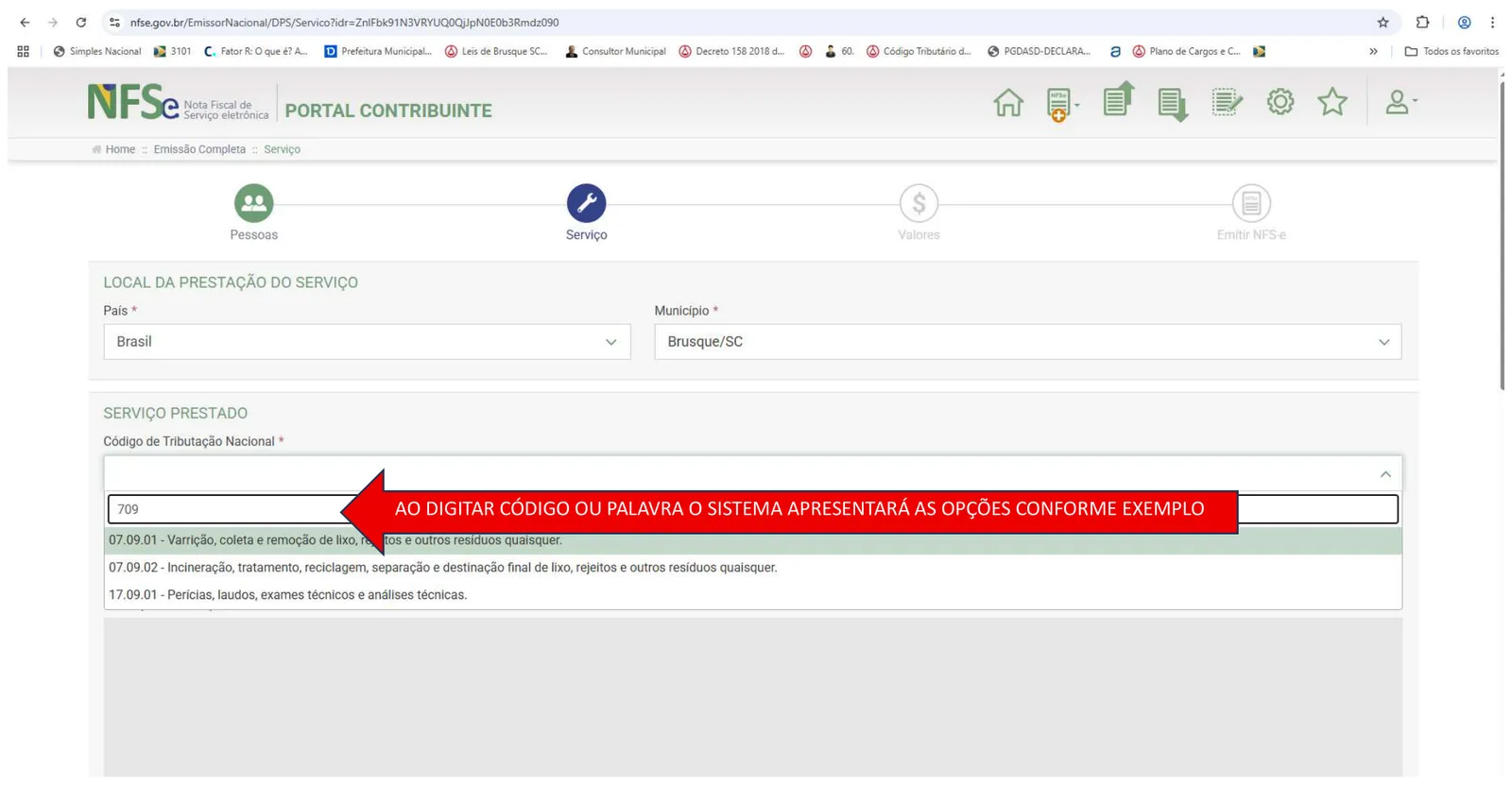 Campo Código de Tributação Nacional com resultados da busca