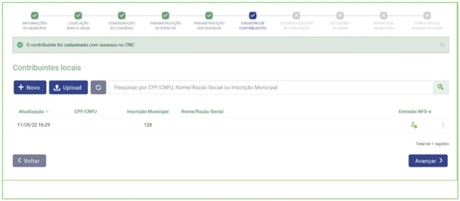 Mensagem O contribuinte foi cadastrado com sucesso no CNC e a lista de contribuintes locais