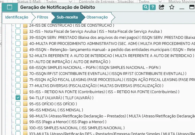 Aba Sub-receita com apenas a sub-receita 94 TLLF marcada