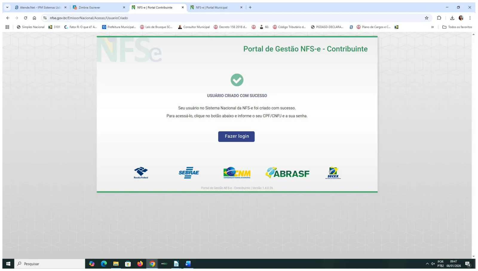 Tela de usuário criado com sucesso e botão Fazer login