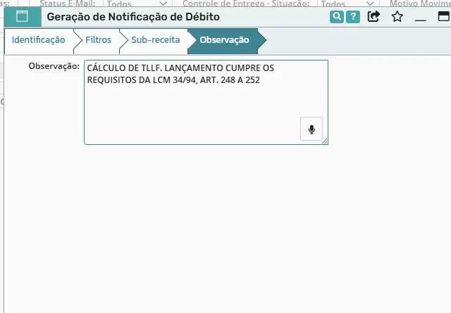 Aba Observação com o texto padrão do cálculo de TLLF