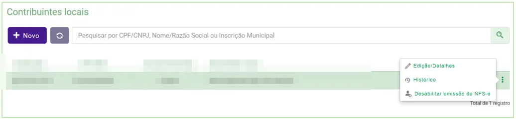 Lista de contribuintes locais com o menu Edição/Detalhes, Histórico e Desabilitar emissão de NFS-e; dados do contribuinte anonimizados