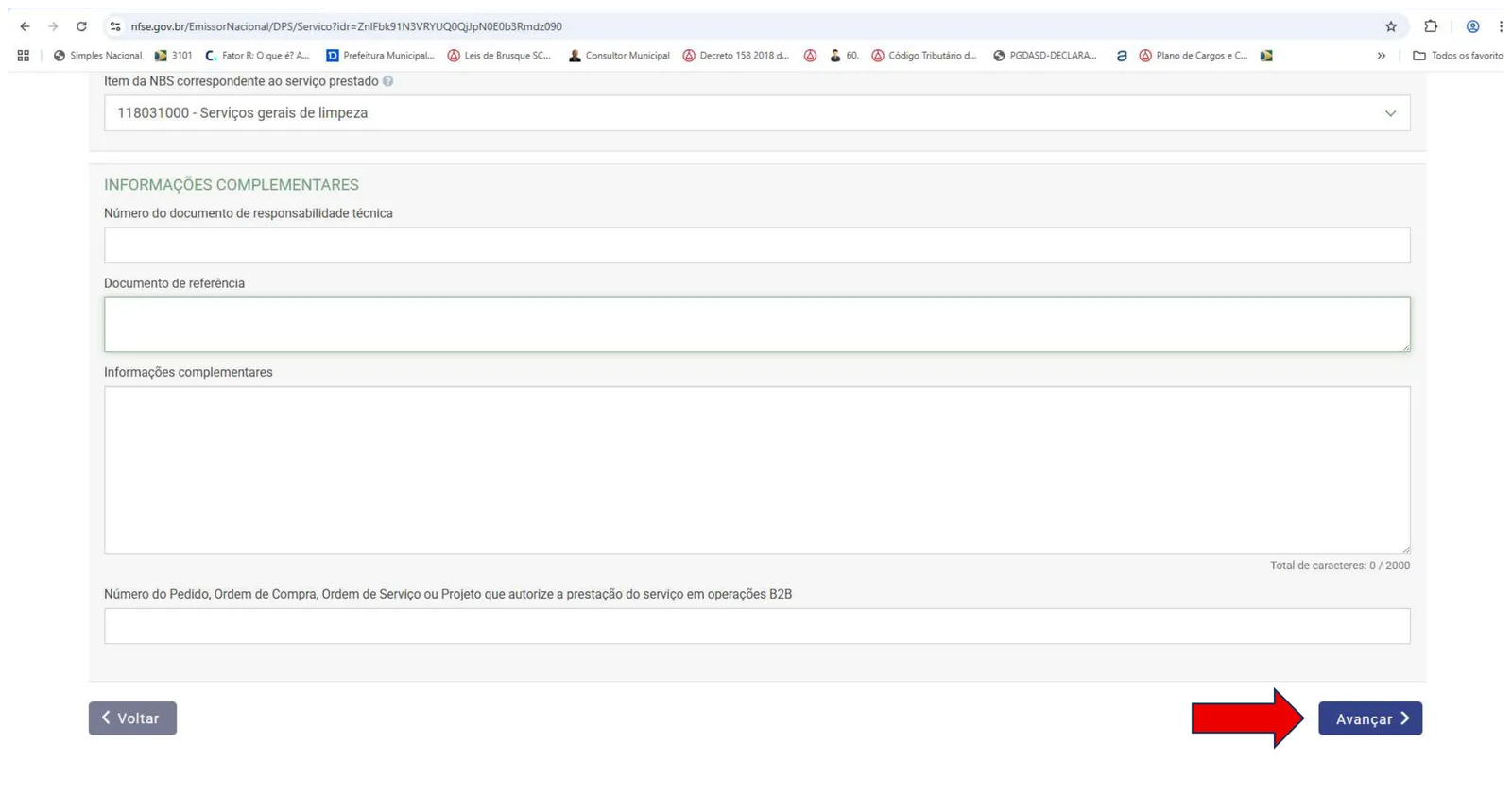 Bloco de informações complementares e botão Avançar