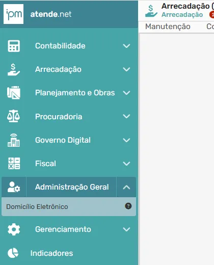 Menu Administração Geral com a opção Domicílio Eletrônico