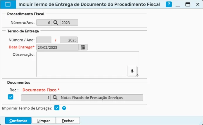 Termo de entrega com data de entrega e documento recebido marcado