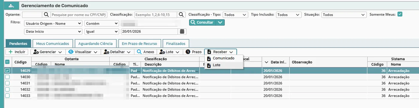 Gerenciamento de comunicado, aba Pendentes, com o menu Receber e a opção Lote; optantes anonimizados