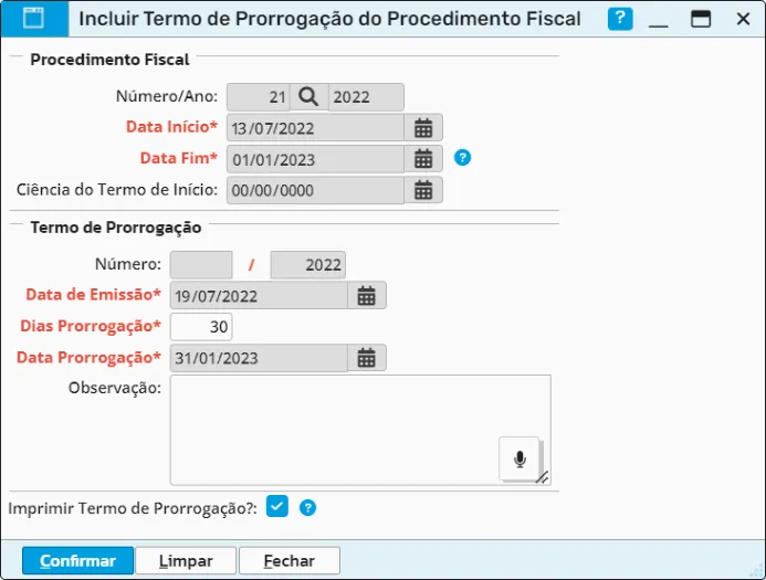 Termo de prorrogação com datas de início e fim, dias de prorrogação e nova data