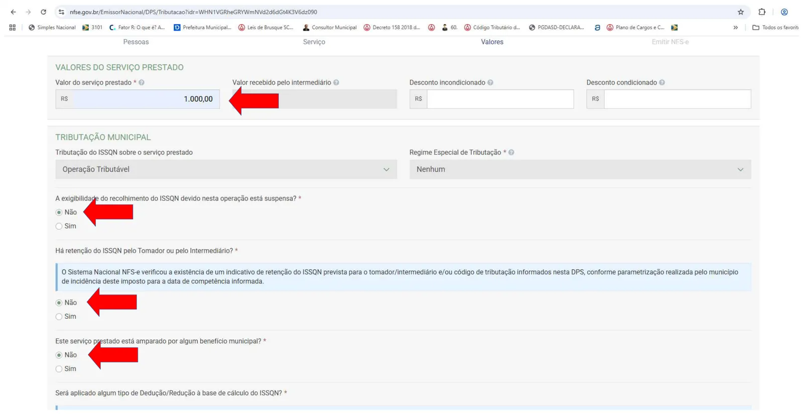 Etapa Valores com valor do serviço e as três perguntas respondidas com Não