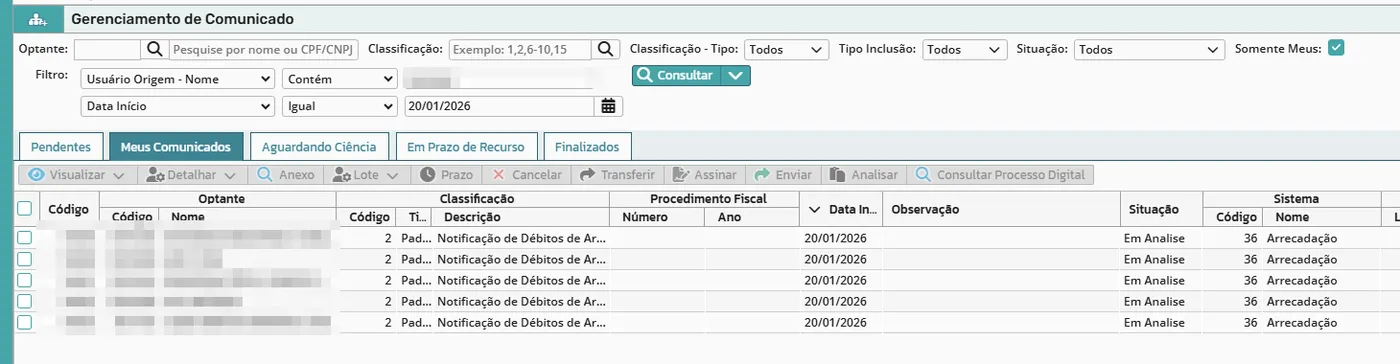 Aba Meus Comunicados com o lote recebido e as ações Assinar e Enviar; optantes anonimizados