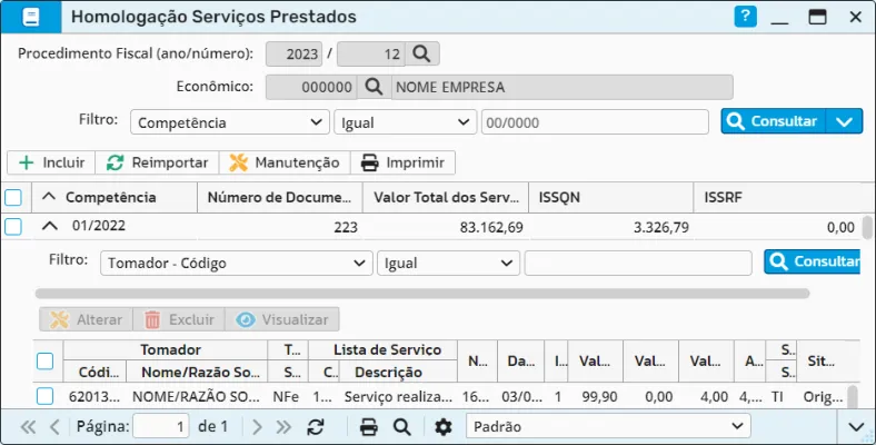 Competência aberta na homologação com os documentos declarados e as ações Alterar, Excluir e Visualizar