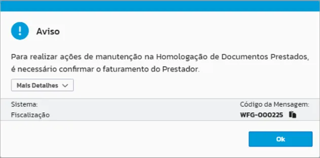 Aviso pedindo a confirmação do faturamento do prestador antes da manutenção da homologação